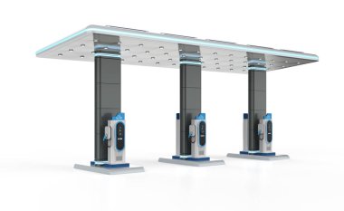 Beyaz arka planda çatısı olan üç boyutlu şarj istasyonları veya elektrikli araç şarj istasyonları oluşturma grubu