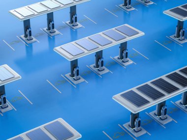 Her şarj istasyonunun ya da güneş çatısı olan elektrikli taşıt şarj istasyonlarının 3D görüntüleme grubu