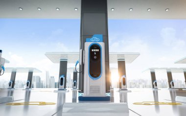 Şehrin arka planına karşı çatılı ev şarj istasyonları veya elektrikli araç şarj istasyonlarının 3d görüntüleme grubu