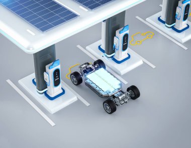 Her arabanın ya da elektrikli aracın şarj istasyonunda solar çatısı olan 3D görüntülenmesi