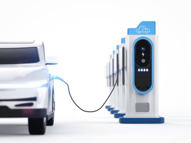 Şarj istasyonunda 3D rending beyaz her araba veya elektrikli araç fişi