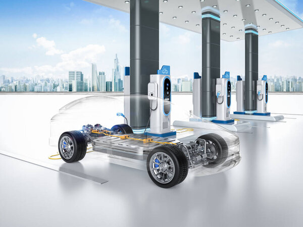 3d рендеринг evcar или electric vehicle plug in at recharging station with cityscape background