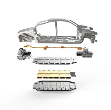 Beyaz arka planda izole edilmiş araba çerçeveli altın elektrikli araba aküsünün 3D görüntüsü