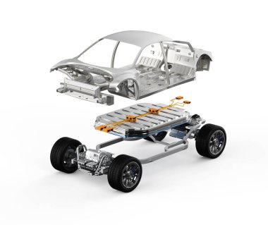 Beyaz arka planda izole edilmiş araba çerçeveli altın elektrikli araba aküsünün 3D görüntüsü