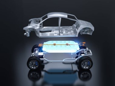 Otomobil çerçeveli parlayan elektrikli araba aküsünün 3D görüntüsü