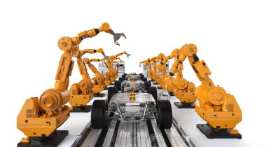 Otomotiv otomobil fabrikası konsepti, platformda izole edilmiş elektrikli araba akü modülü ile 3 boyutlu hazırlanmış robot montaj hattı.