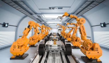 Otomotiv otomobil fabrikası konsepti. Platformunda elektrikli araba aküsü modülü olan 3 boyutlu robot montaj hattı.