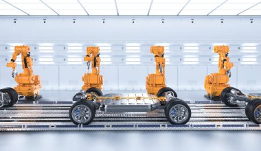 Otomotiv otomobil fabrikası konsepti. Platformunda elektrikli araba aküsü modülü olan 3 boyutlu robot montaj hattı.