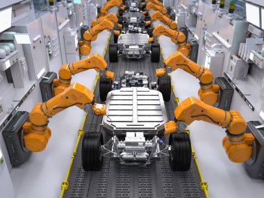 Otomotiv otomobil fabrikası konsepti. Platformunda elektrikli araba aküsü modülü olan 3 boyutlu robot montaj hattı.