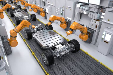 Otomotiv otomobil fabrikası konsepti. Platformunda elektrikli araba aküsü modülü olan 3 boyutlu robot montaj hattı.