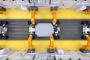 Otomotiv otomobil fabrikası konsepti. Platformunda elektrikli araba aküsü modülü olan 3 boyutlu robot montaj hattı.