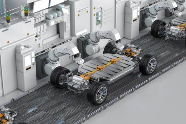 Otomotiv otomobil fabrikası konsepti. Platformunda elektrikli araba aküsü modülü olan 3 boyutlu robot montaj hattı.