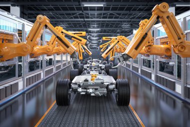 Otomotiv otomobil fabrikası konsepti. Platformunda elektrikli araba aküsü modülü olan 3 boyutlu robot montaj hattı.