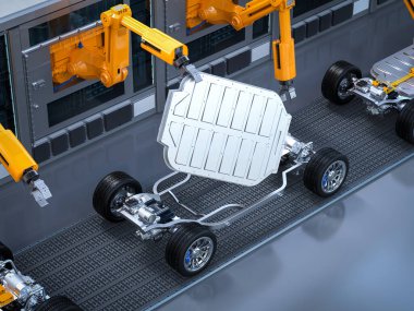 Otomotiv otomobil fabrikası konsepti. Platformunda elektrikli araba aküsü modülü olan 3 boyutlu robot montaj hattı.