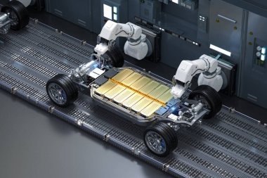 Otomotiv otomobil fabrikası konsepti, platformda altın ev araba akü modülü olan 3D üretim robot montaj hattı.