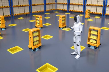 Otomasyon deposu konsepti. 3D robot ve robot arabaları depoda çalışıyor.