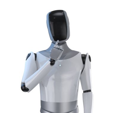 Siyah yüzlü insanımsı robot ya da ai cyborg, beyaz üzerinde izole edilmiş olarak düşünün ya da analiz edin.