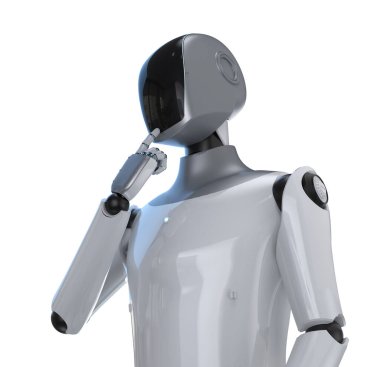 Siyah yüzlü insanımsı robot ya da ai cyborg, beyaz üzerinde izole edilmiş olarak düşünün ya da analiz edin.