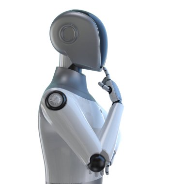 Siyah yüzlü insanımsı robot ya da ai cyborg, beyaz üzerinde izole edilmiş olarak düşünün ya da analiz edin.