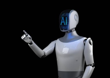 3D görüntülü insansı robot veya ai cyborg. Yüzü siyah üzerinde izole edilmiş.