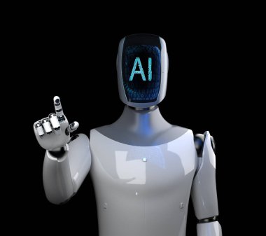3D görüntülü insansı robot veya ai cyborg. Yüzü siyah üzerinde izole edilmiş.