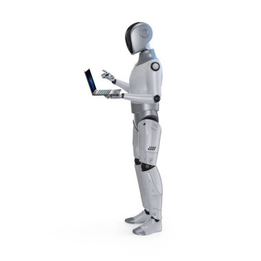 3D görüntüleme insanımsı robot veya ai cyborg siyah yüzlü el ele tutuşan defter bilgisayarı beyaz üzerine izole edildi