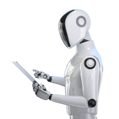 3D rendelenmiş insansı robot veya ai cyborg siyah elli dijital tableti beyaz üzerine izole et