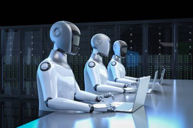 Sunucu odasında çalışan 3 boyutlu insansı robotlu otomasyon sunucusu