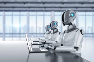 3D işletim sistemli otomasyon işçisi konsepti akıllı ofiste çalışan ai yardımcı robotu