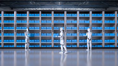 Otomasyon deposu konsepti ile depoda çalışan 3D robot yardımcısı 