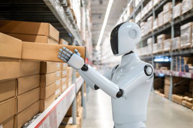 Otomasyon deposu konsepti ile depoda çalışan 3D robot yardımcısı 
