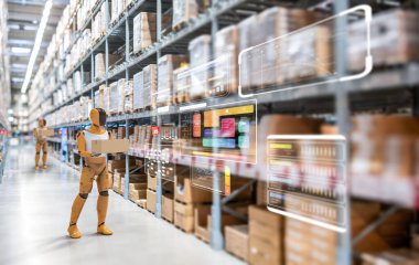 Otomasyon deposu konsepti, dijital grafik ekran ile depoda çalışan 3D canlandırma asistanı robot konsepti