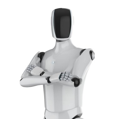 3D görüntüleme robotu veya ai cyborg siyah yüzlü çapraz beyaz üzerinde izole