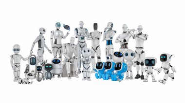 Beyaz zemin üzerinde çeşitli tasarımı olan 3D yardımcı robot veya ai cyborgs grubu