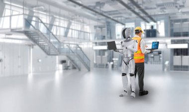 Otomasyon endüstrisi konsepti mühendis asistanı robot ile çalışıyor