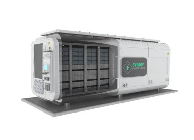3d oluşturma enerji depolama sistemi veya pil kabı birimi beyaz üzerine izole makine aracılığıyla bakın