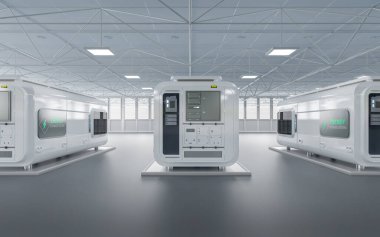 Fabrikadaki 3d enerji depolama sistemi veya pil konteynır birimleri