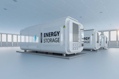 Fabrikadaki 3d enerji depolama sistemi veya pil konteynır birimleri