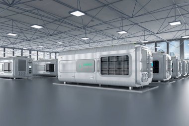 Fabrikadaki 3d enerji depolama sistemi veya pil konteynır birimleri