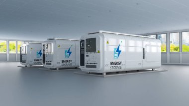 Fabrikadaki 3d enerji depolama sistemi veya pil konteynır birimleri