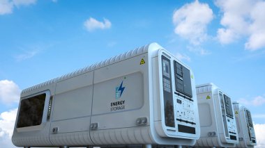 Bulutlu mavi gökyüzüne sahip 3d enerji depolama sistemi veya pil kabı birimi