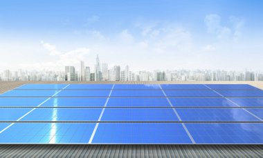 Alternatif enerji kavramı, çatıda rüzgar türbinleri ve şehir planına sahip 3 boyutlu güneş panelleri oluşturur.