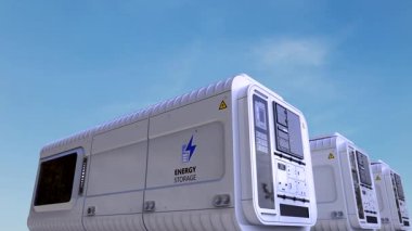 Mavi gökyüzü arka planına sahip enerji depolama sistemleri grubu veya pil kabı birimleri