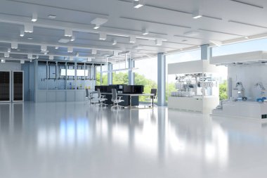 Beyaz fütüristik yarı iletken imalat fabrikası veya laboratuvar iç mimarisi doğal ışık ve boş alan içeriyor.