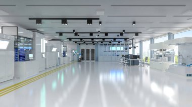 Beyaz fütüristik yarı iletken imalat fabrikası veya laboratuvar iç mimarisi doğal ışık ve boş alan içeriyor.