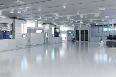 3D renging beyaz fütürist yarı iletken imalat fabrikası ya da laboratuvar iç mimarisi