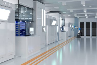 3D renging beyaz fütürist yarı iletken imalat fabrikası ya da laboratuvar iç mimarisi