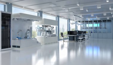 Beyaz fütüristik yarı iletken imalat fabrikası veya laboratuvar iç mimarisi doğal ışık ve boş alan içeriyor.