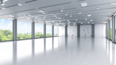 Boş ofis alanı ya da çalışma alanı ile yeşil ofis alanı kavramı şehir arka planının yeşil görünümü