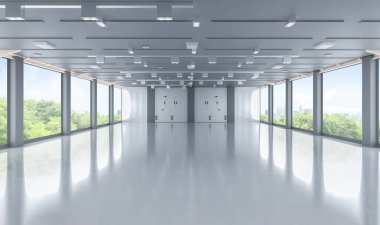 Boş ofis alanı ya da çalışma alanı ile yeşil ofis alanı kavramı şehir arka planının yeşil görünümü